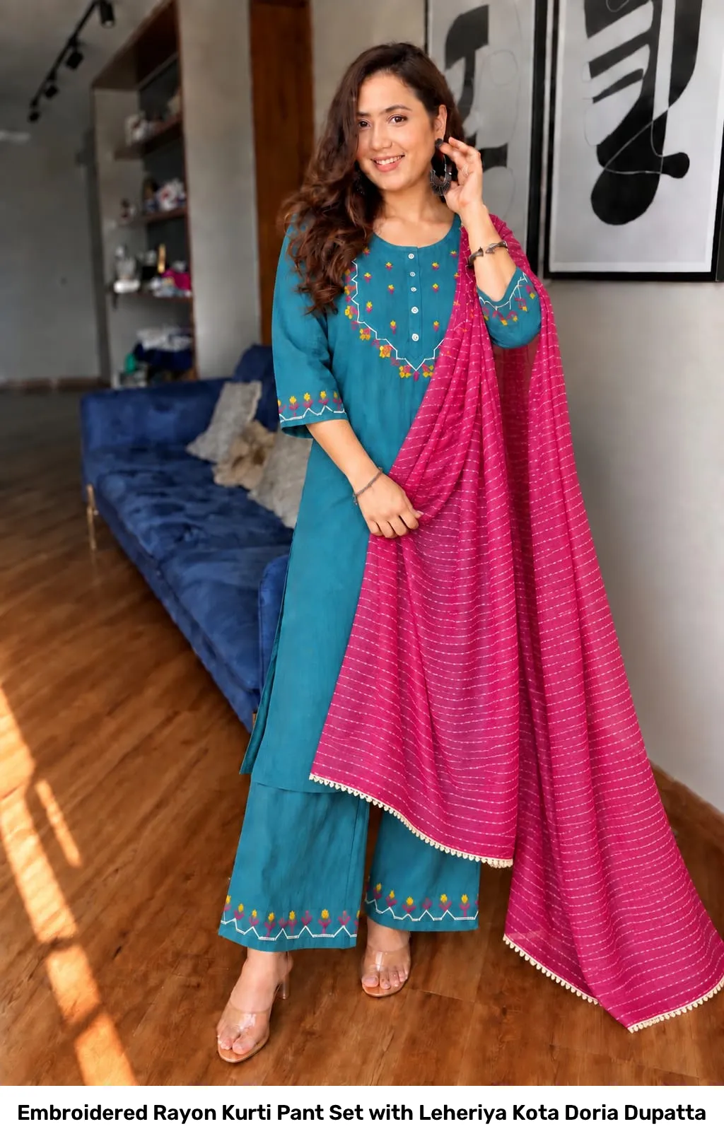 Embroidered Rayon Kurti Pant Set with Leheriya Kota Doria Dupatta 14