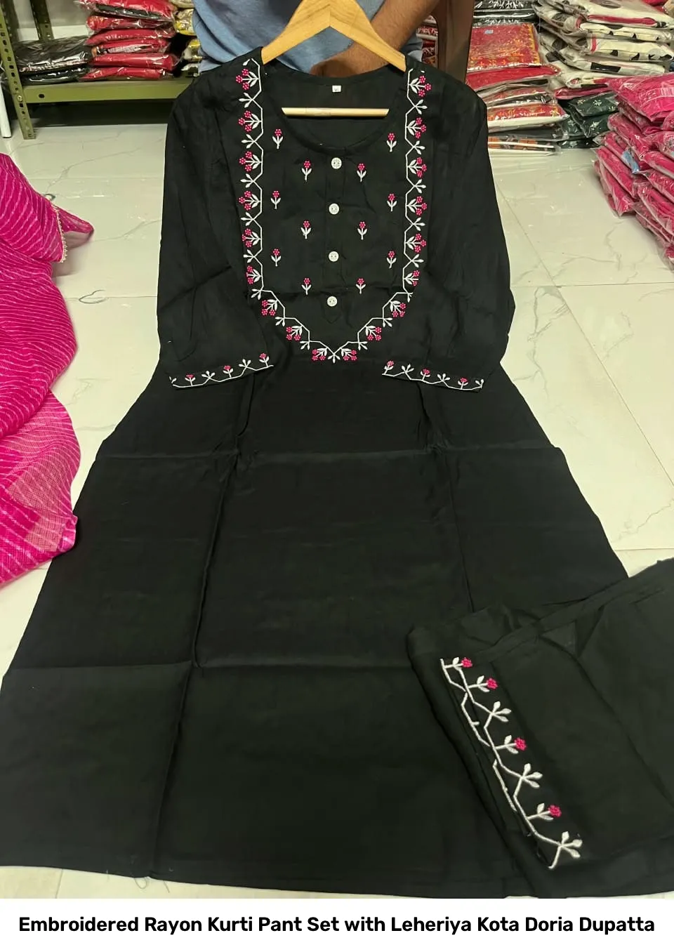 Embroidered Rayon Kurti Pant Set with Leheriya Kota Doria Dupatta 2