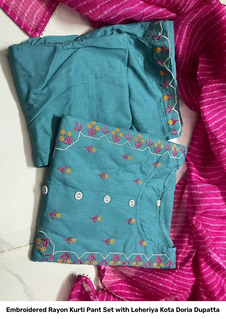 Embroidered Rayon Kurti Pant Set with Leheriya Kota Doria Dupatta 3