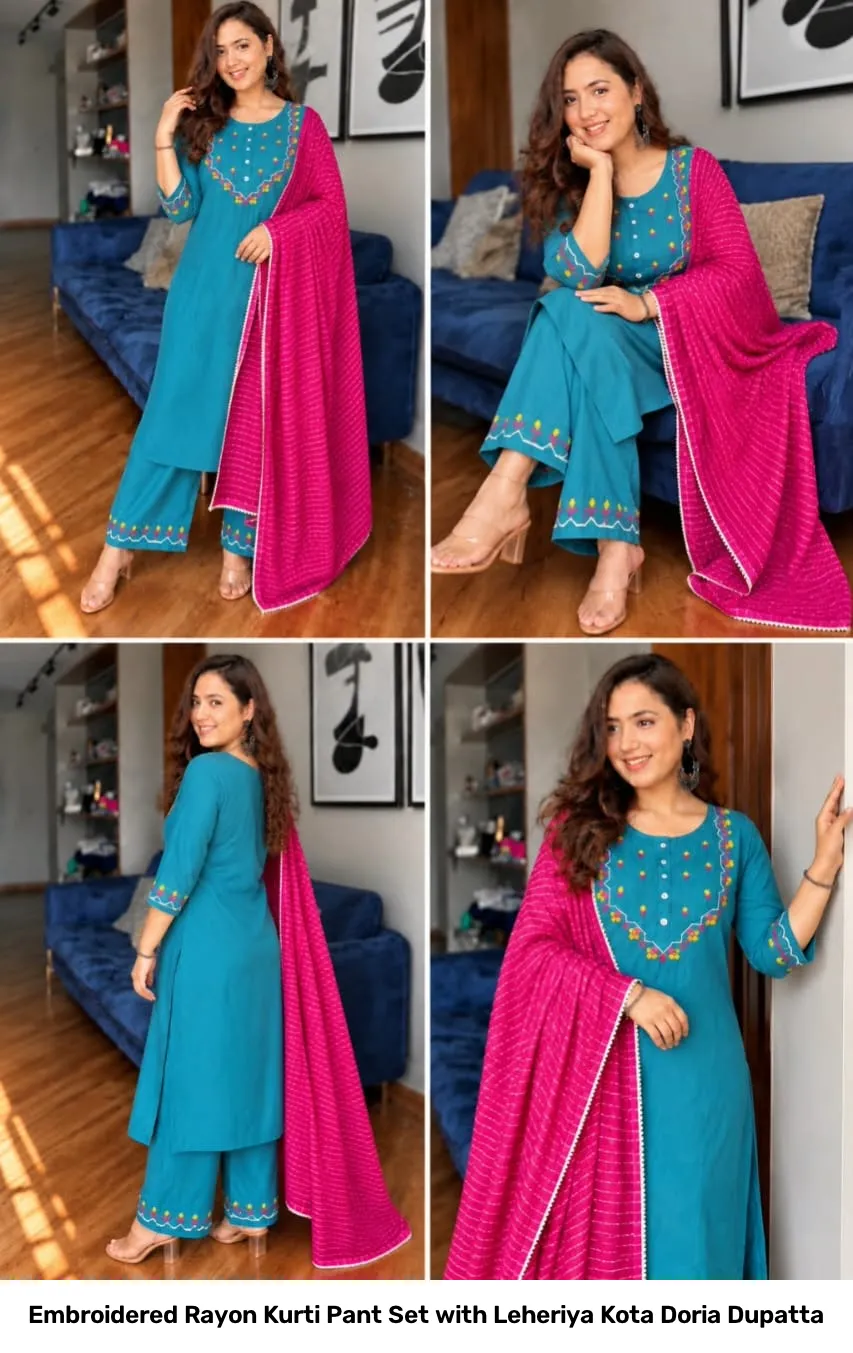 Embroidered Rayon Kurti Pant Set with Leheriya Kota Doria Dupatta 4
