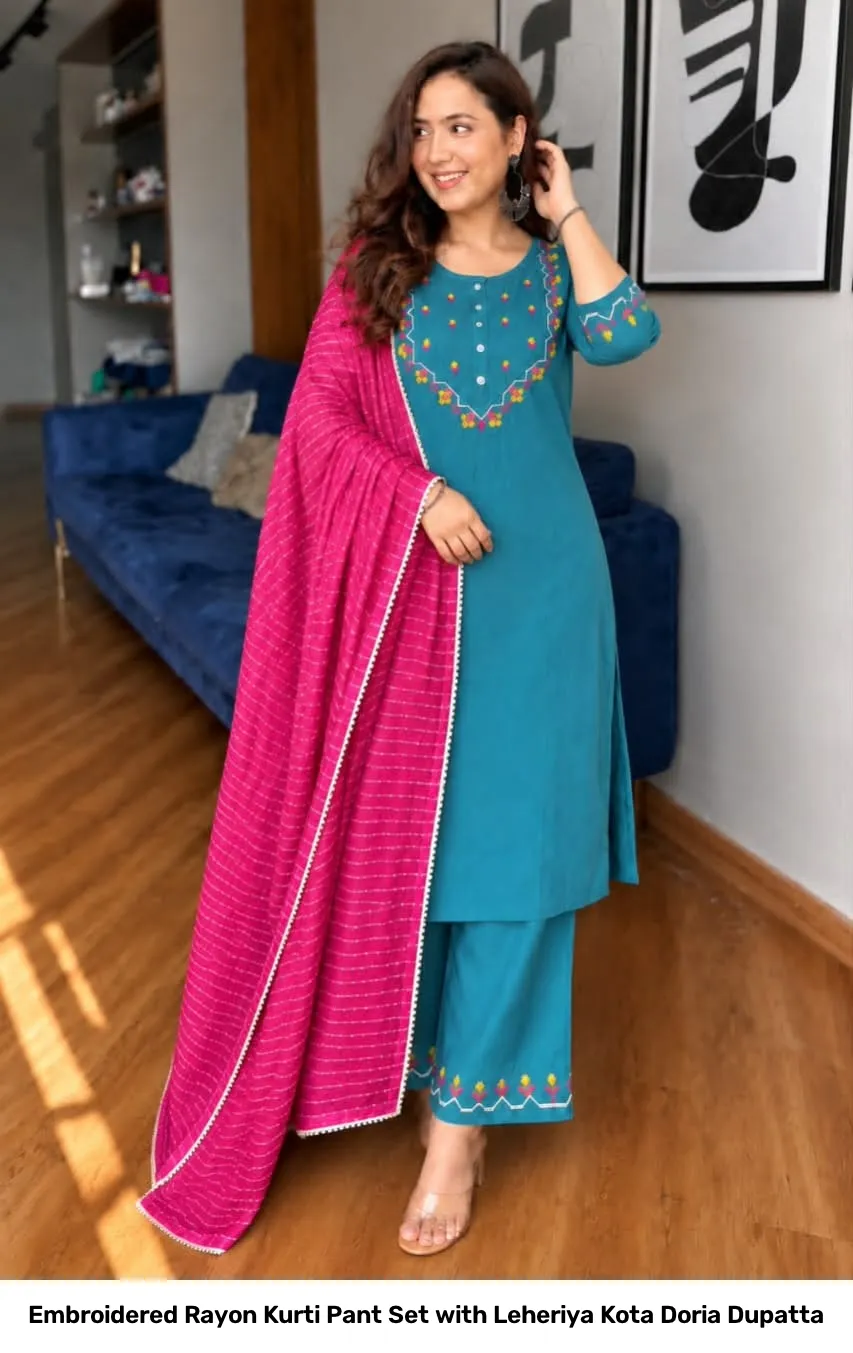 Embroidered Rayon Kurti Pant Set with Leheriya Kota Doria Dupatta 5