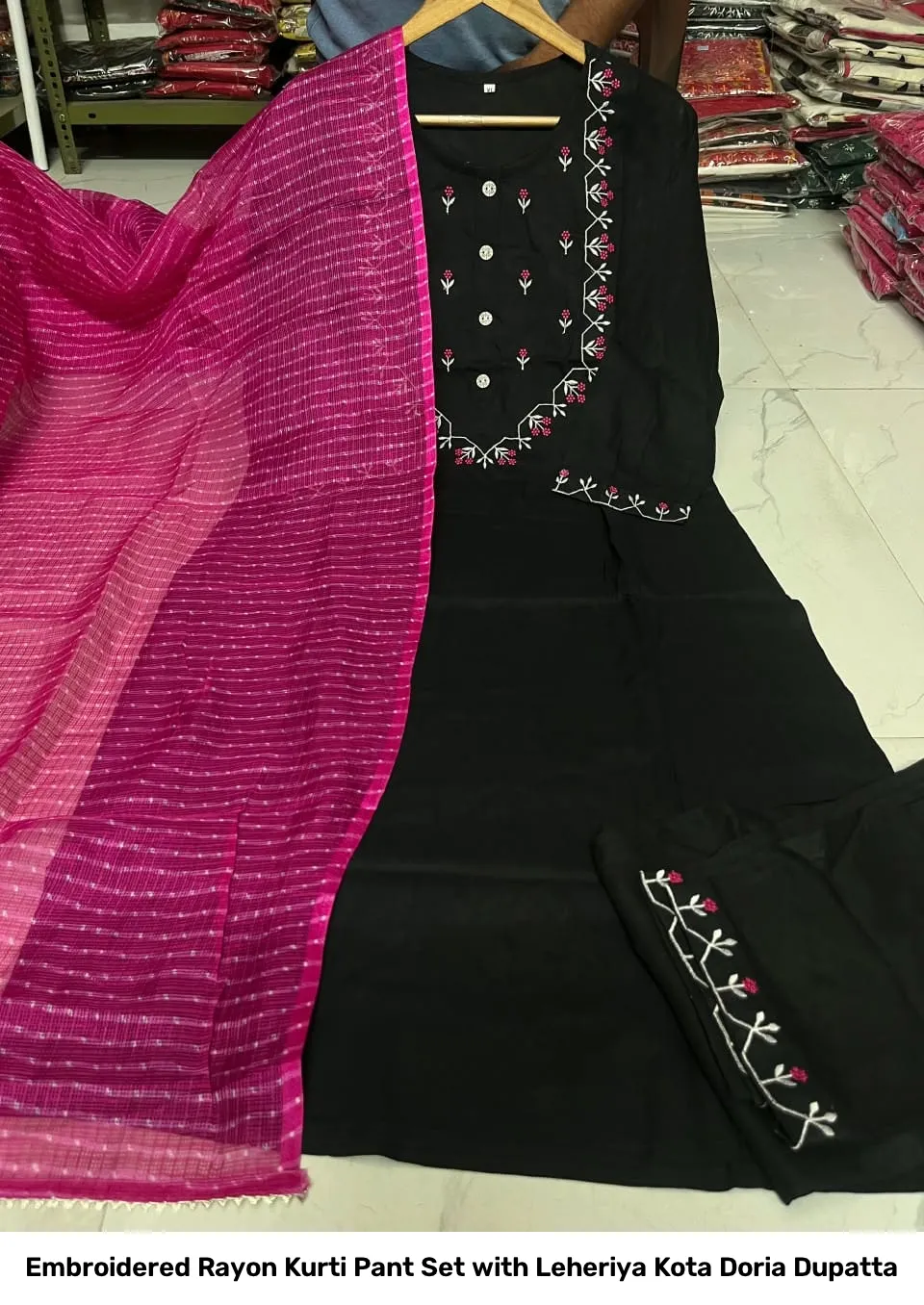 Embroidered Rayon Kurti Pant Set with Leheriya Kota Doria Dupatta 6