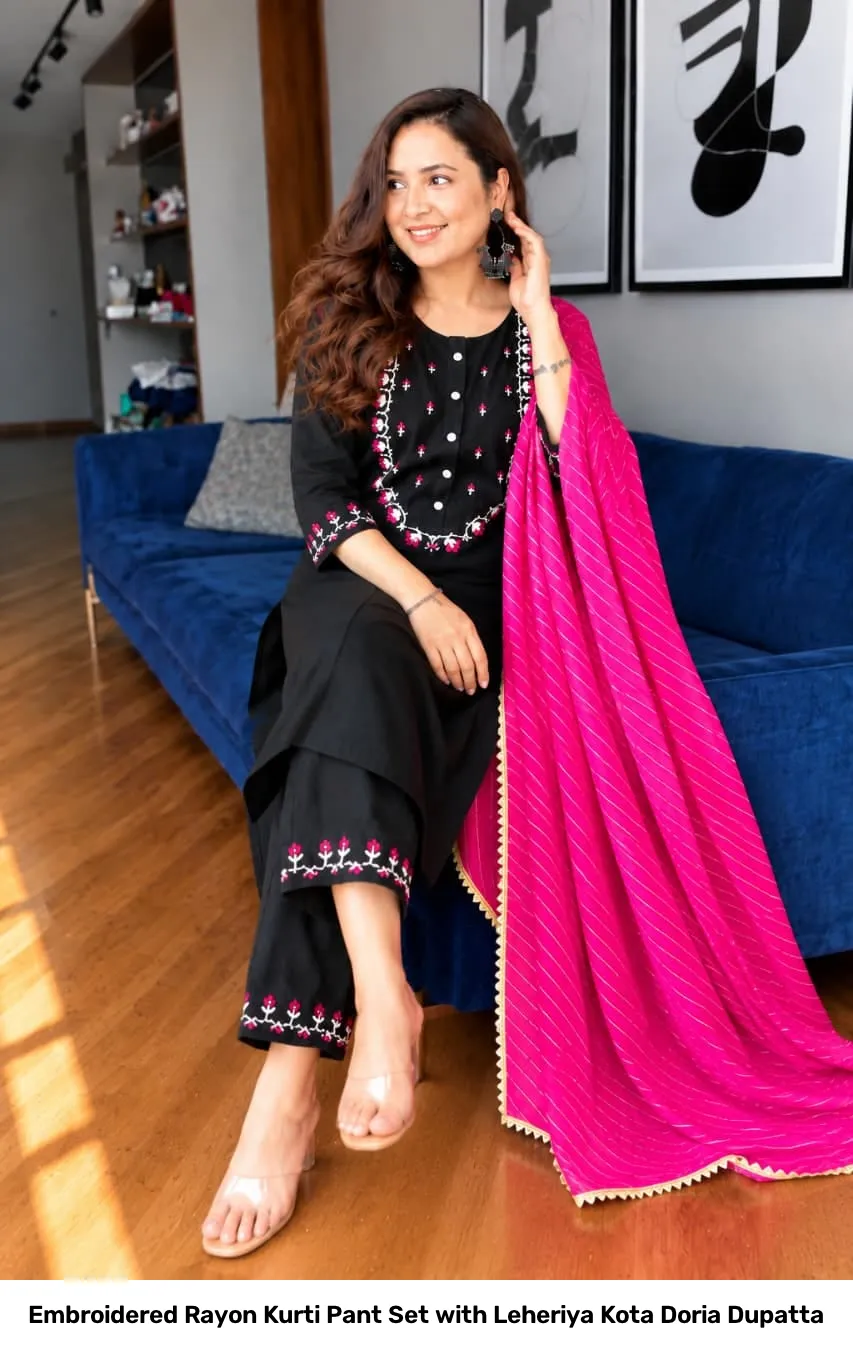 Embroidered Rayon Kurti Pant Set with Leheriya Kota Doria Dupatta 7