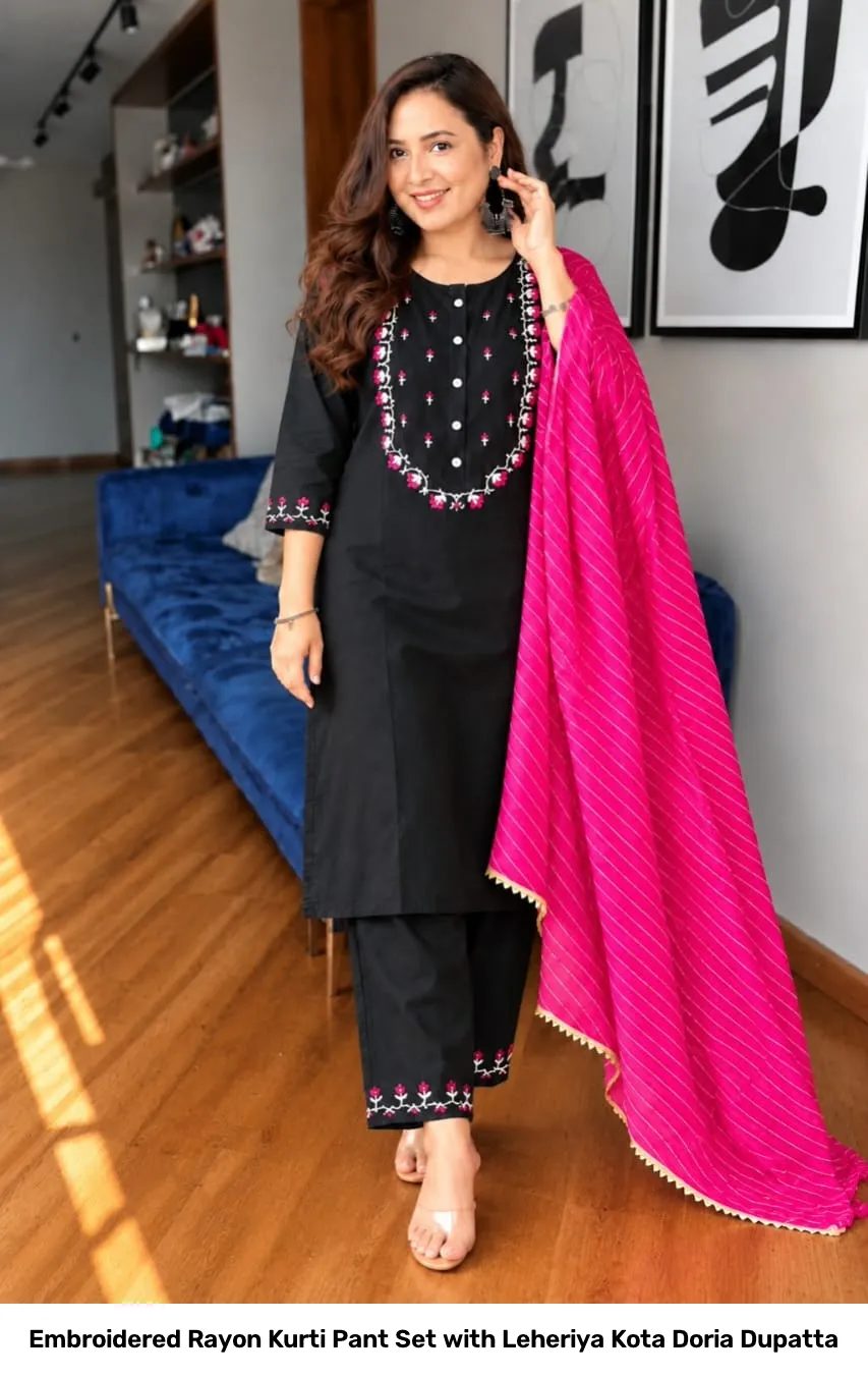 Embroidered Rayon Kurti Pant Set with Leheriya Kota Doria Dupatta 8
