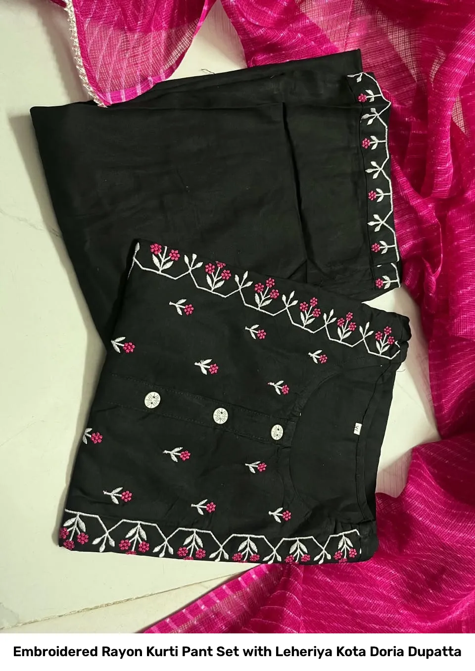 Embroidered Rayon Kurti Pant Set with Leheriya Kota Doria Dupatta 9