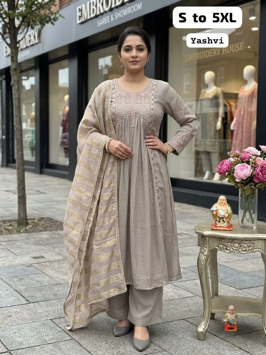 Embroidered Shimmer Crush Anarkali Kurti Pant Set with Dupatta