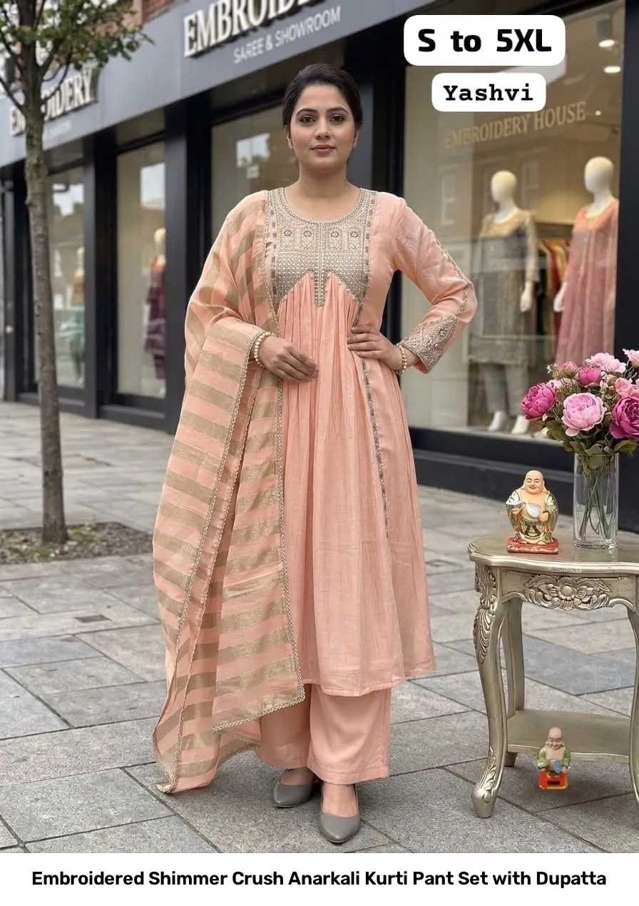 Embroidered Shimmer Crush Anarkali Kurti Pant Set with Dupatta 10