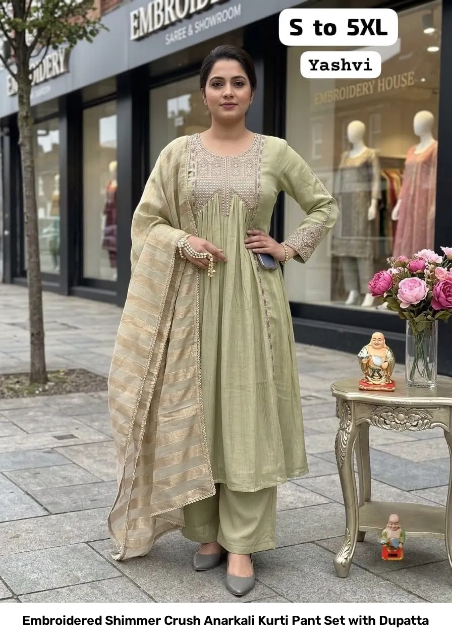 Embroidered Shimmer Crush Anarkali Kurti Pant Set with Dupatta 11