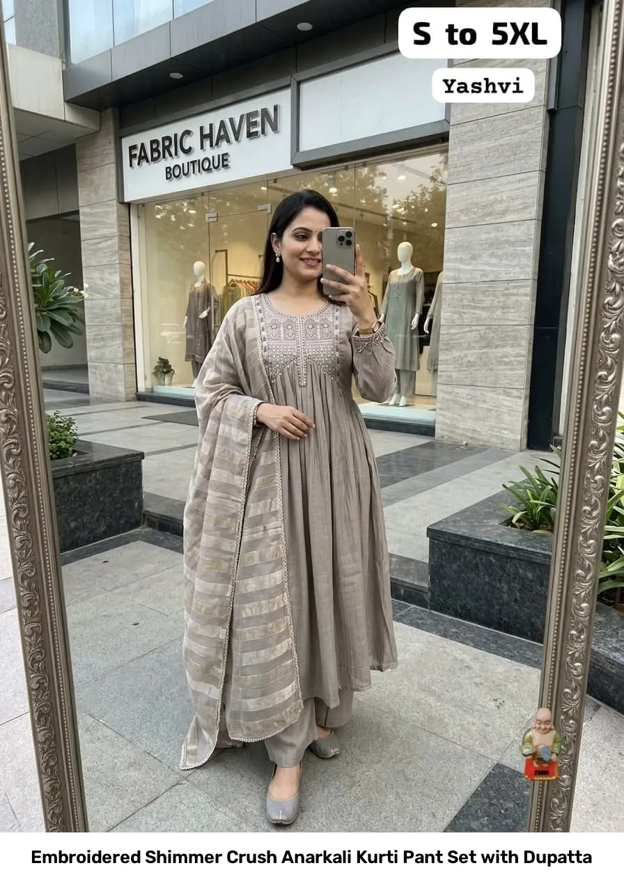Embroidered Shimmer Crush Anarkali Kurti Pant Set with Dupatta 12