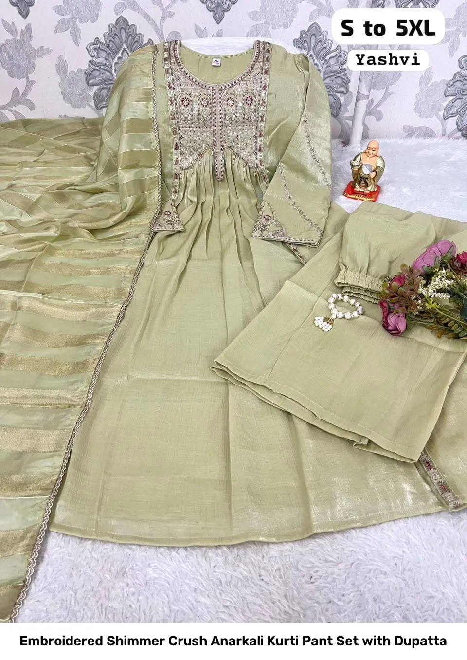 Embroidered Shimmer Crush Anarkali Kurti Pant Set with Dupatta 13