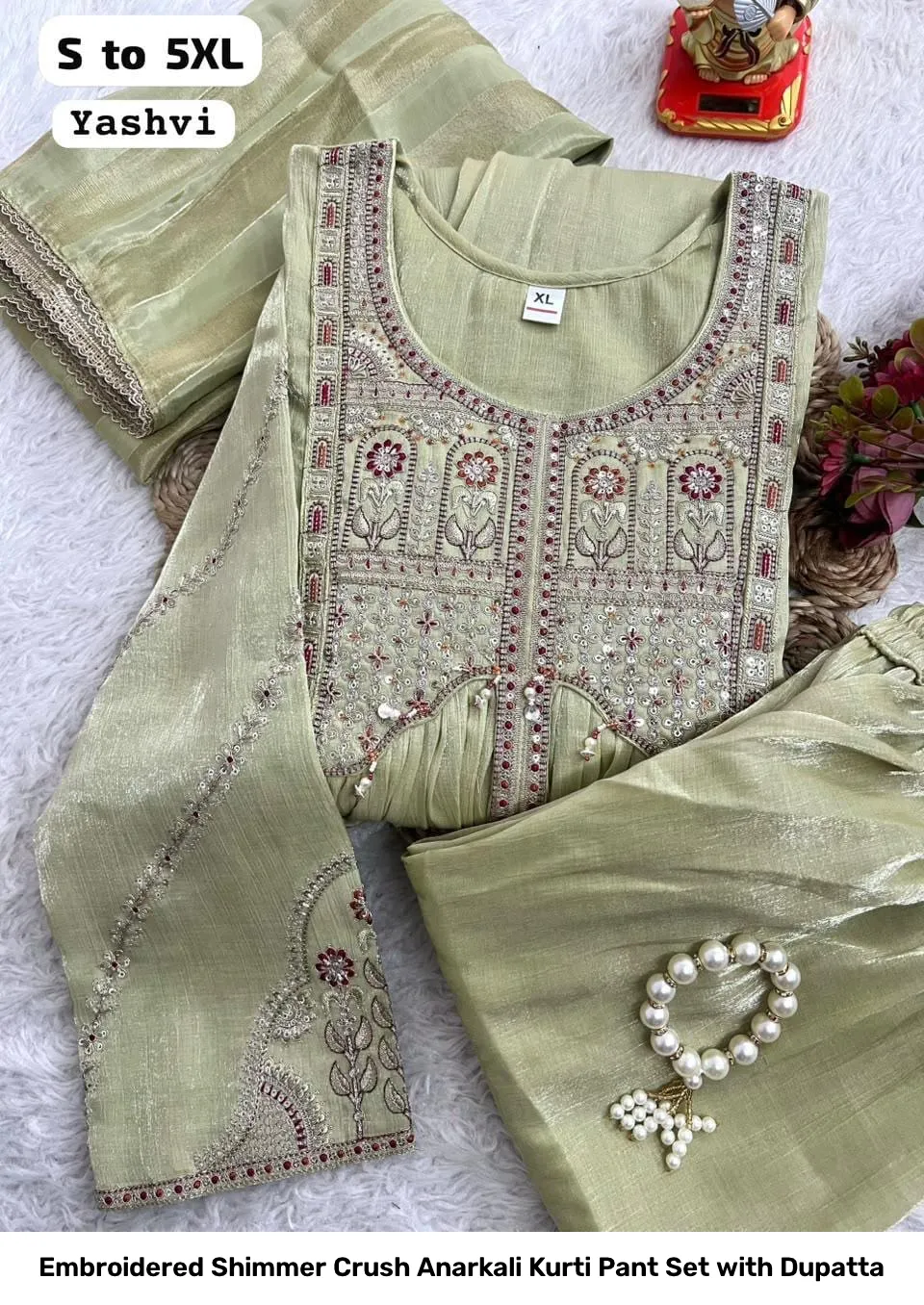 Embroidered Shimmer Crush Anarkali Kurti Pant Set with Dupatta 14
