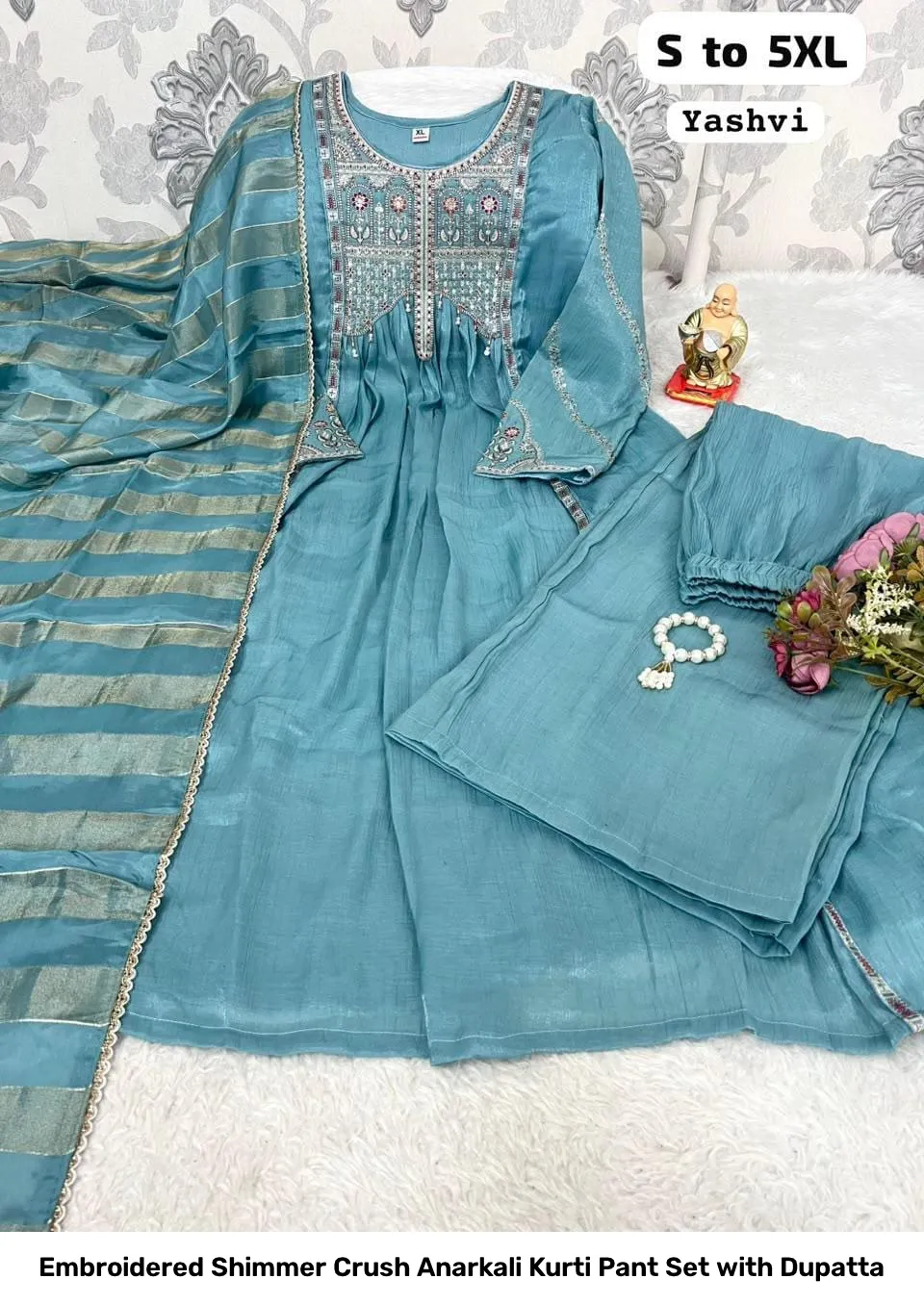 Embroidered Shimmer Crush Anarkali Kurti Pant Set with Dupatta 15