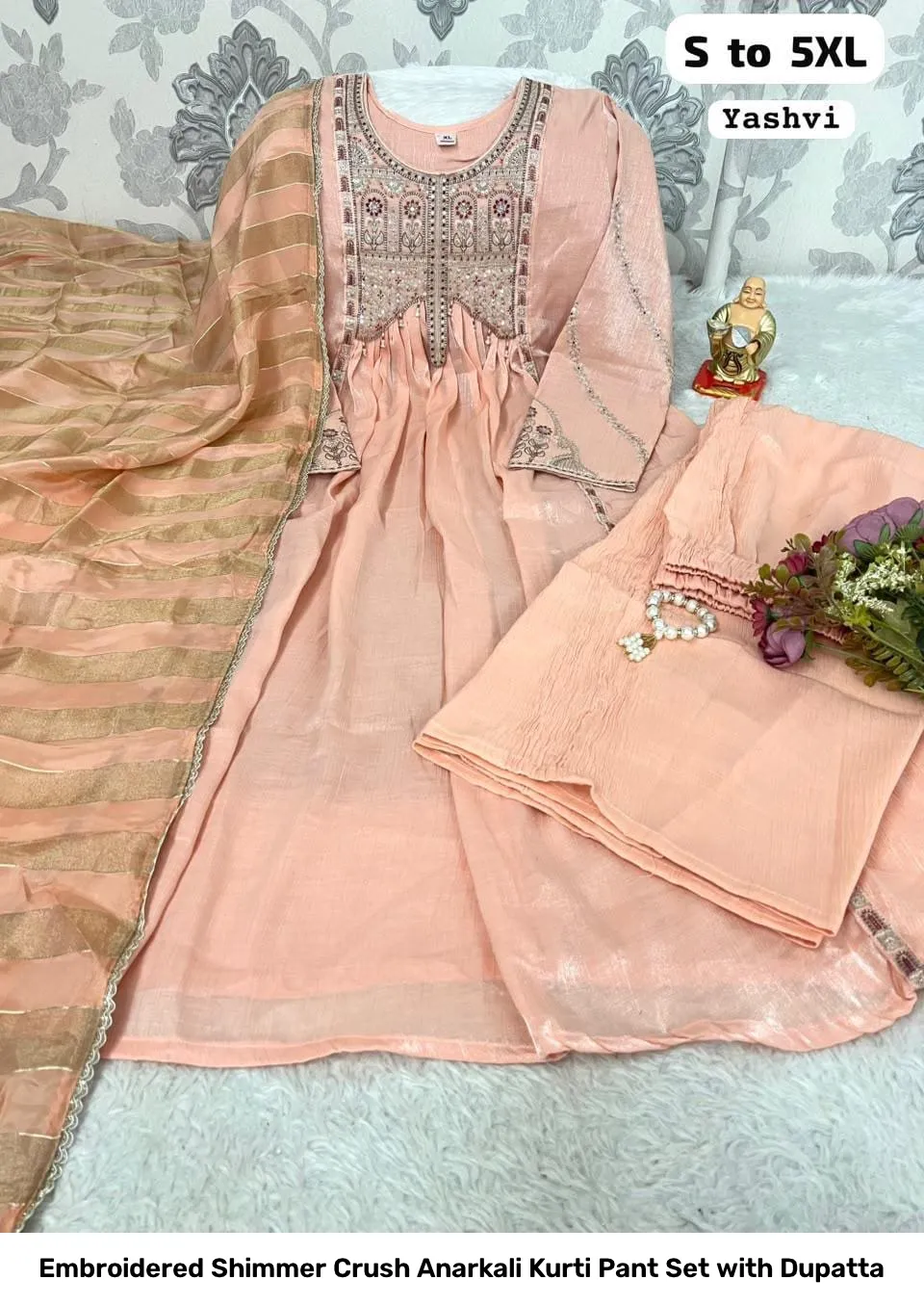 Embroidered Shimmer Crush Anarkali Kurti Pant Set with Dupatta 16