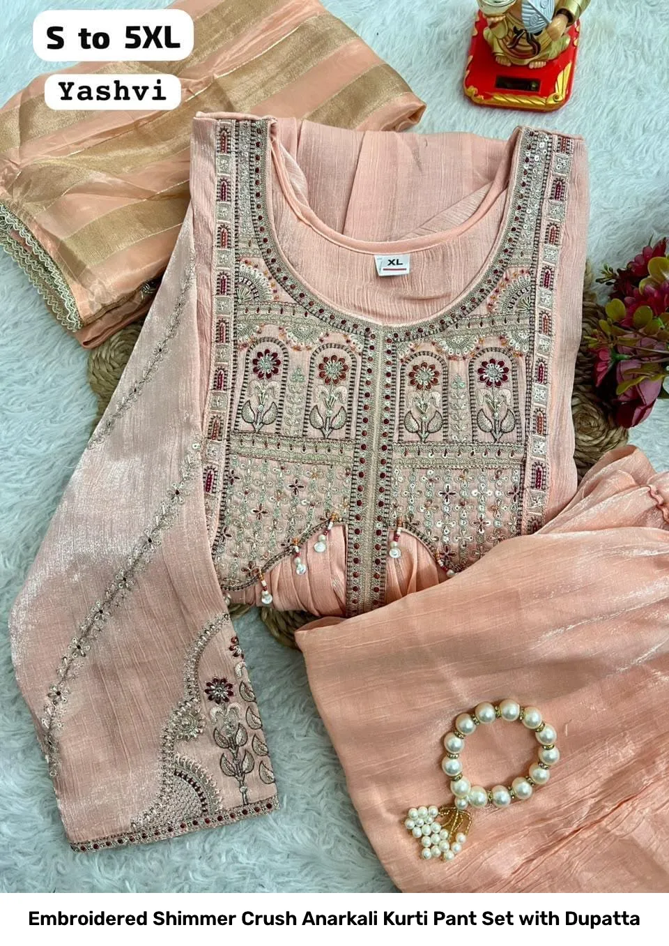 Embroidered Shimmer Crush Anarkali Kurti Pant Set with Dupatta 2