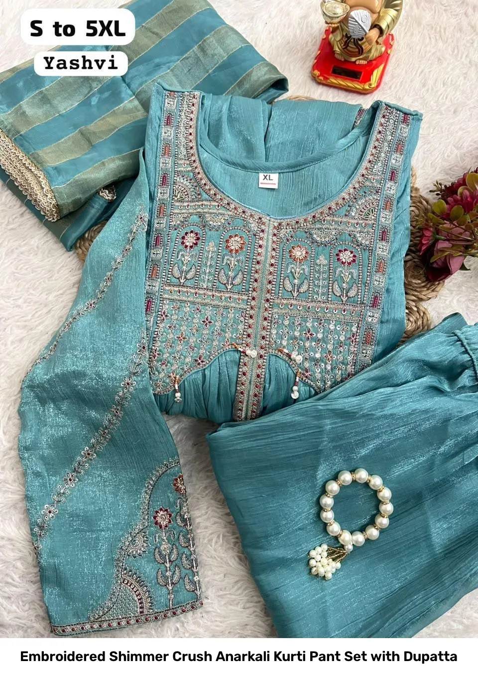 Embroidered Shimmer Crush Anarkali Kurti Pant Set with Dupatta 3