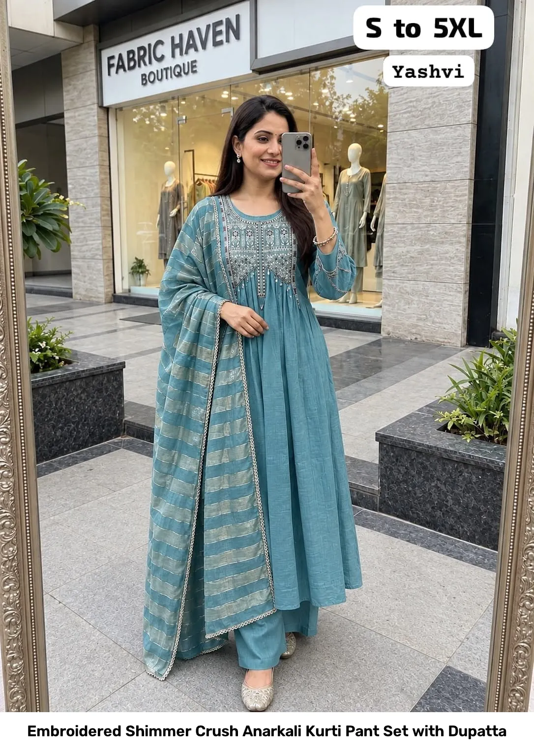Embroidered Shimmer Crush Anarkali Kurti Pant Set with Dupatta 4