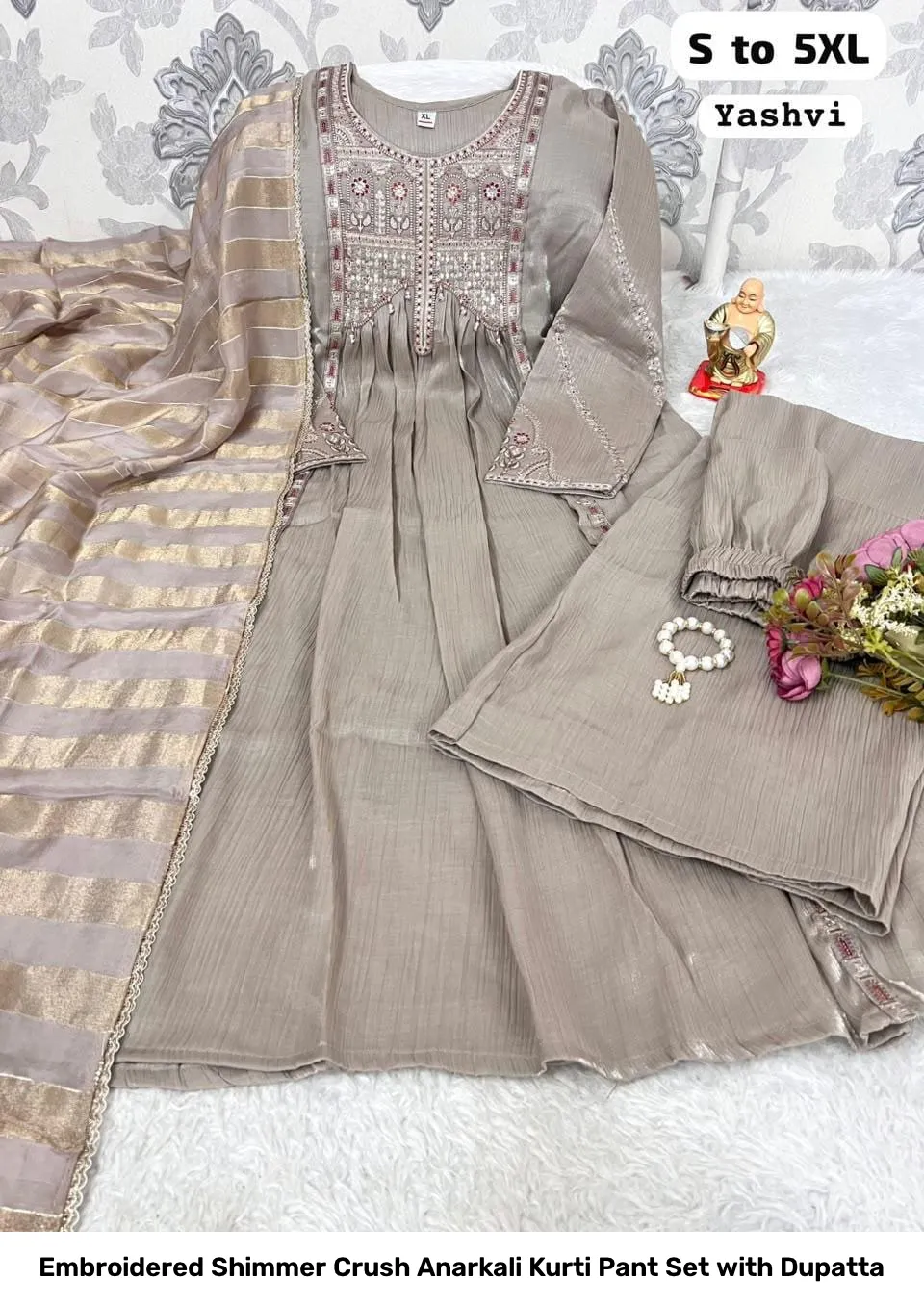 Embroidered Shimmer Crush Anarkali Kurti Pant Set with Dupatta 5