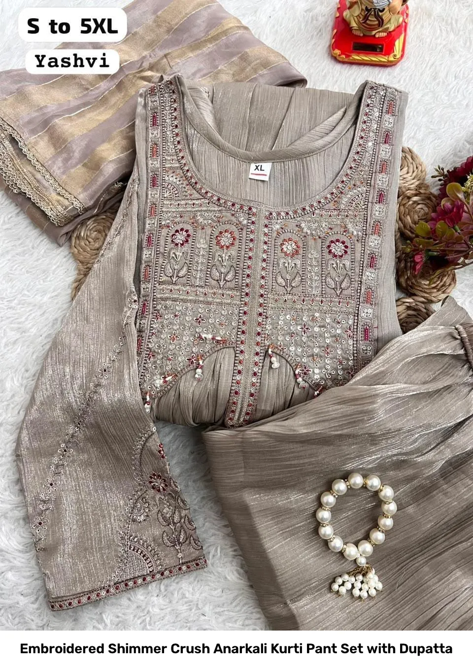 Embroidered Shimmer Crush Anarkali Kurti Pant Set with Dupatta 6
