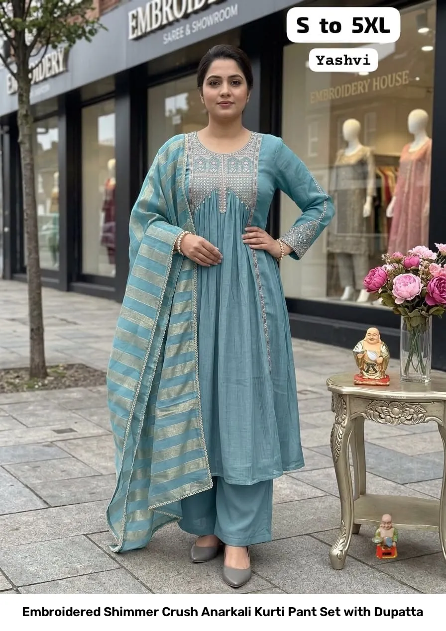 Embroidered Shimmer Crush Anarkali Kurti Pant Set with Dupatta 7