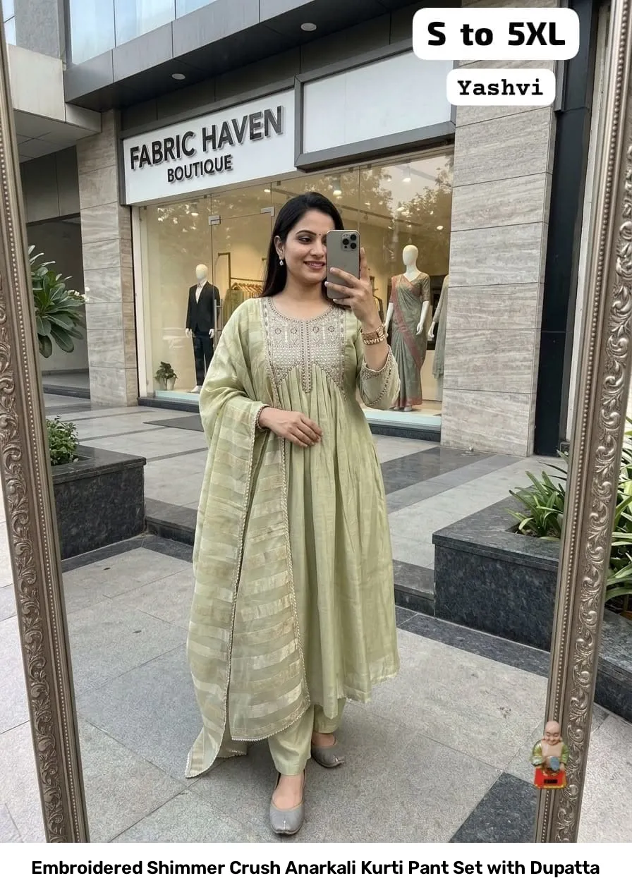 Embroidered Shimmer Crush Anarkali Kurti Pant Set with Dupatta 8