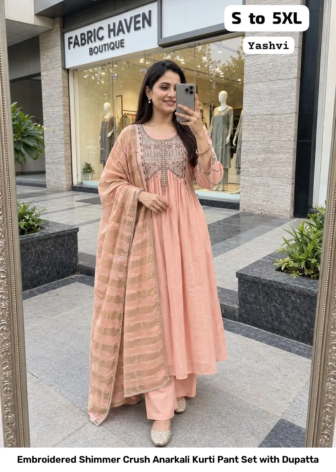 Embroidered Shimmer Crush Anarkali Kurti Pant Set with Dupatta 9