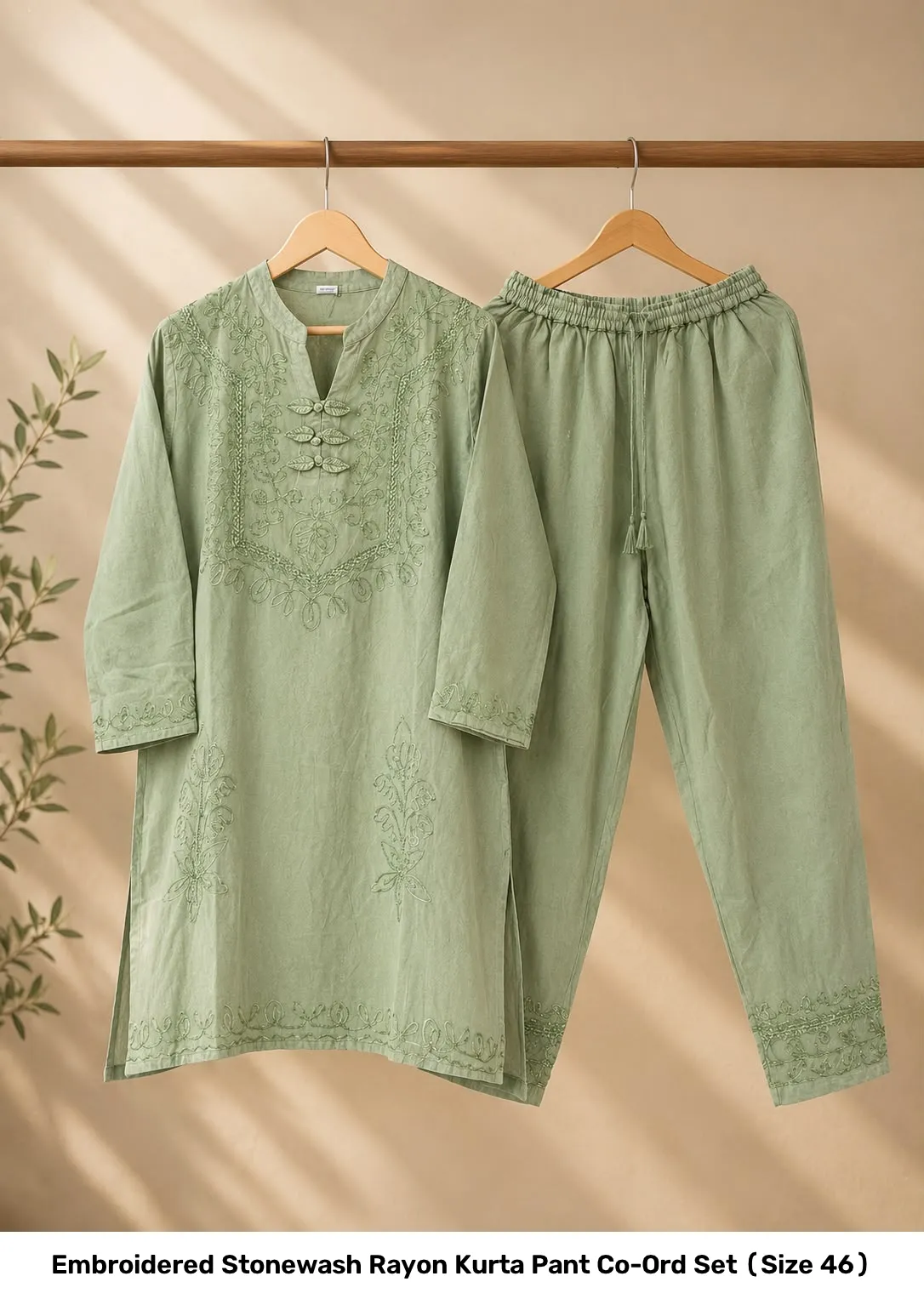 Embroidered Stonewash Rayon Kurta Pant Co-Ord Set (Size 46) 10