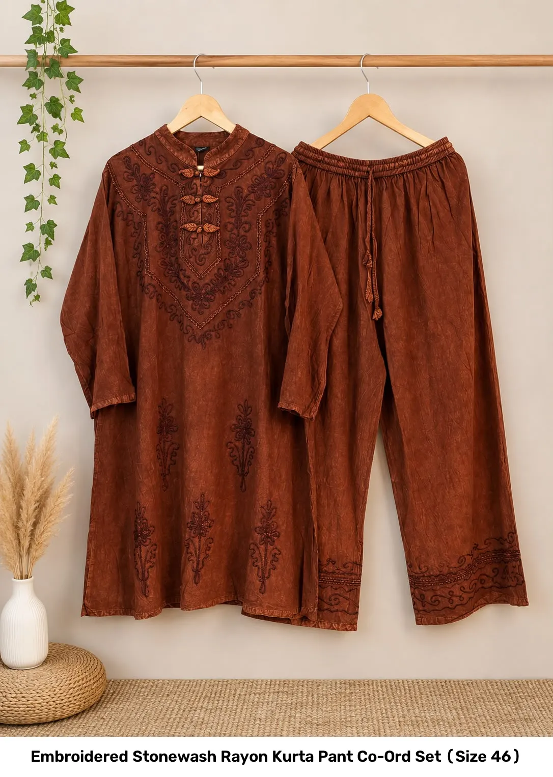 Embroidered Stonewash Rayon Kurta Pant Co-Ord Set (Size 46) 11