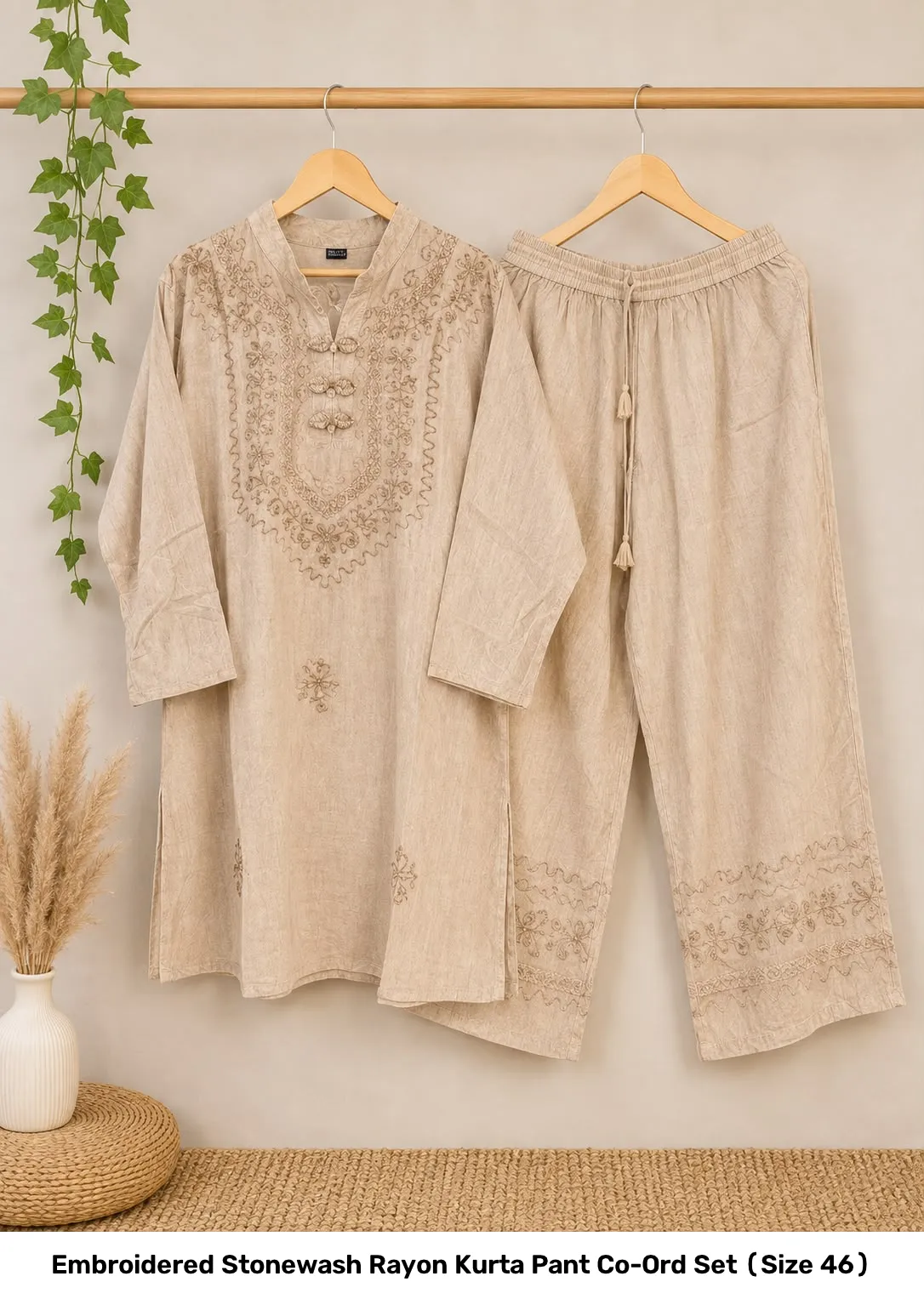 Embroidered Stonewash Rayon Kurta Pant Co-Ord Set (Size 46) 2