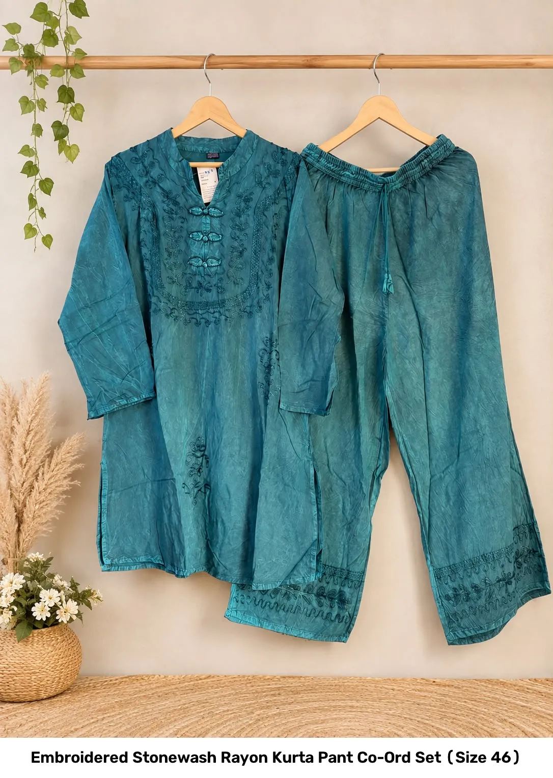 Embroidered Stonewash Rayon Kurta Pant Co-Ord Set (Size 46) 3