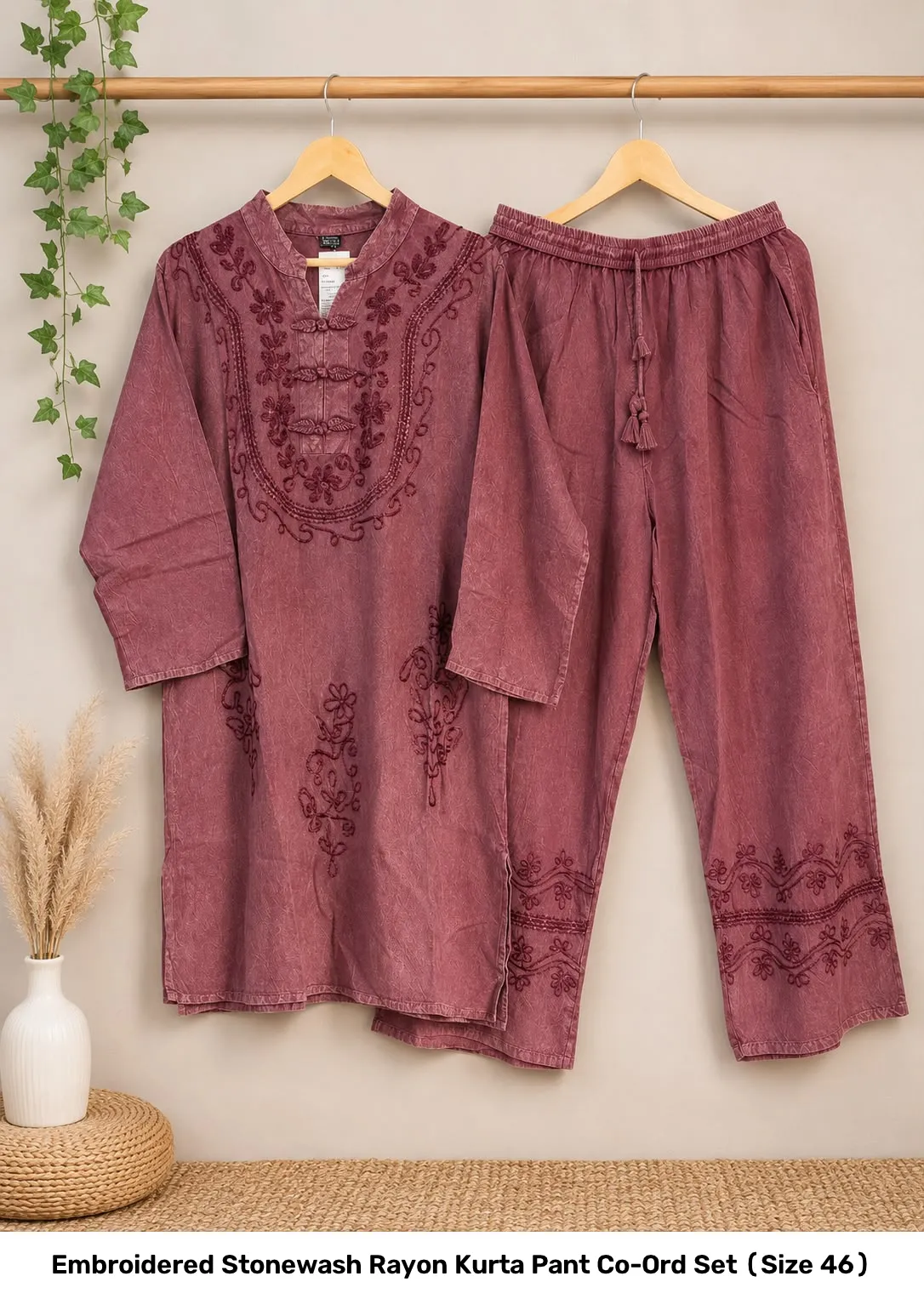 Embroidered Stonewash Rayon Kurta Pant Co-Ord Set (Size 46) 4