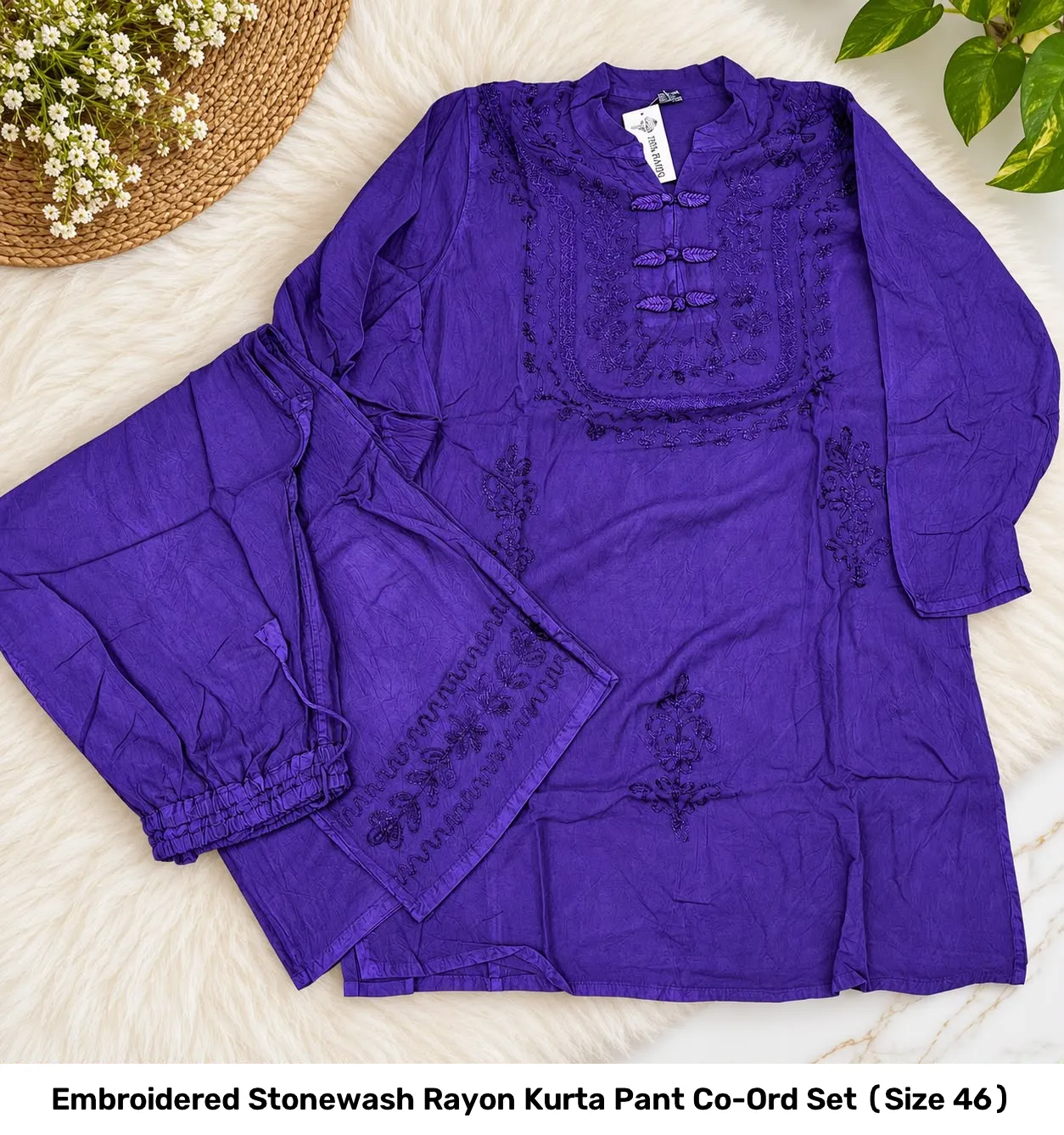 Embroidered Stonewash Rayon Kurta Pant Co-Ord Set (Size 46) 5