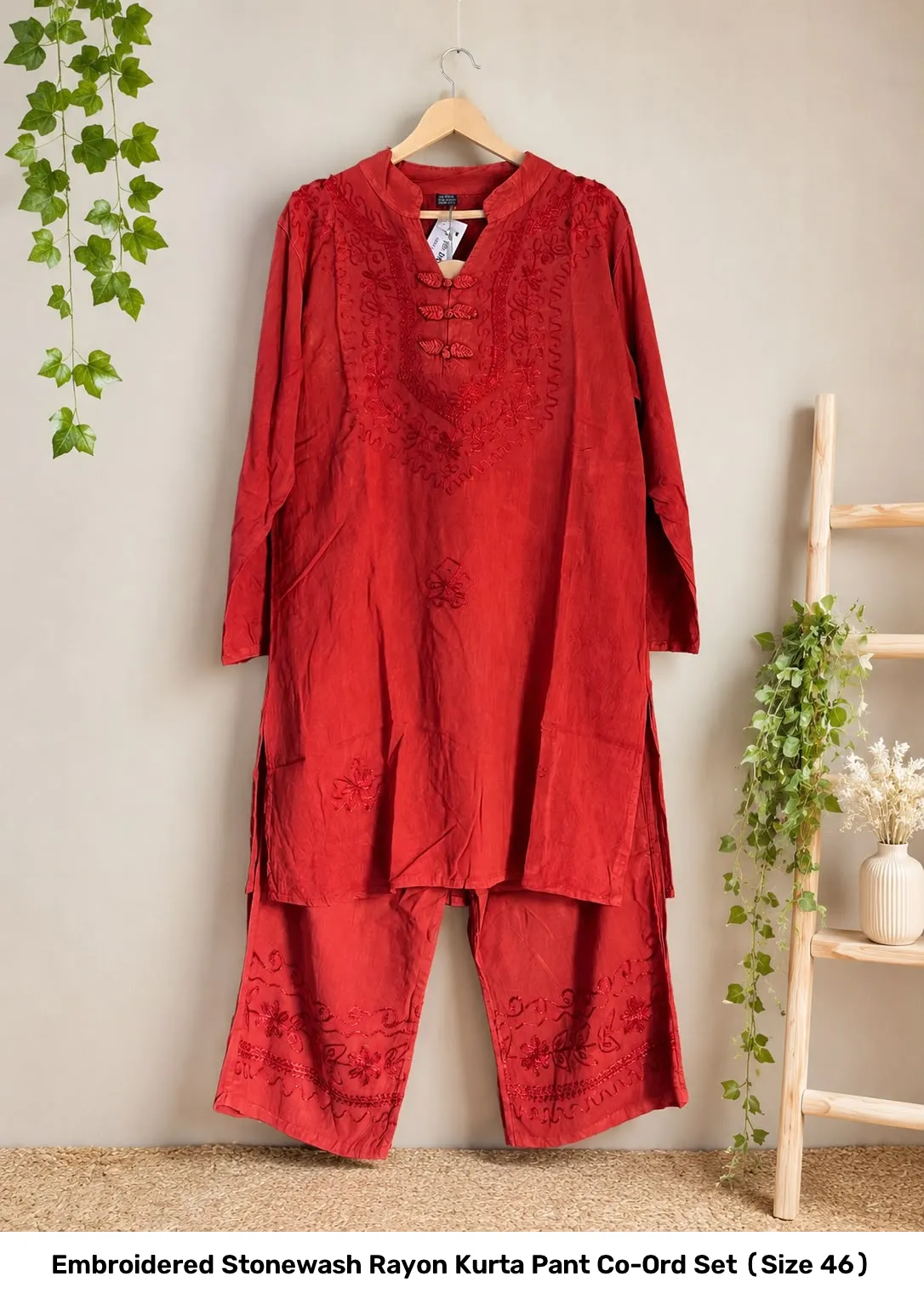 Embroidered Stonewash Rayon Kurta Pant Co-Ord Set (Size 46) 8
