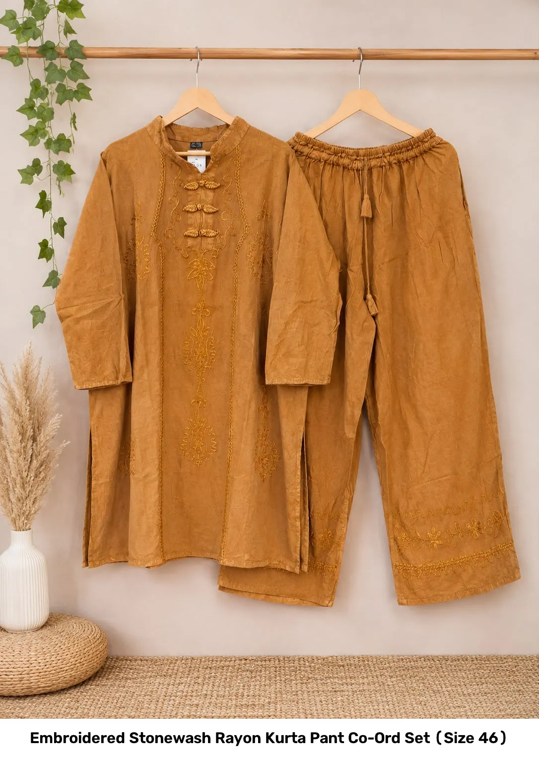 Embroidered Stonewash Rayon Kurta Pant Co-Ord Set (Size 46) 9