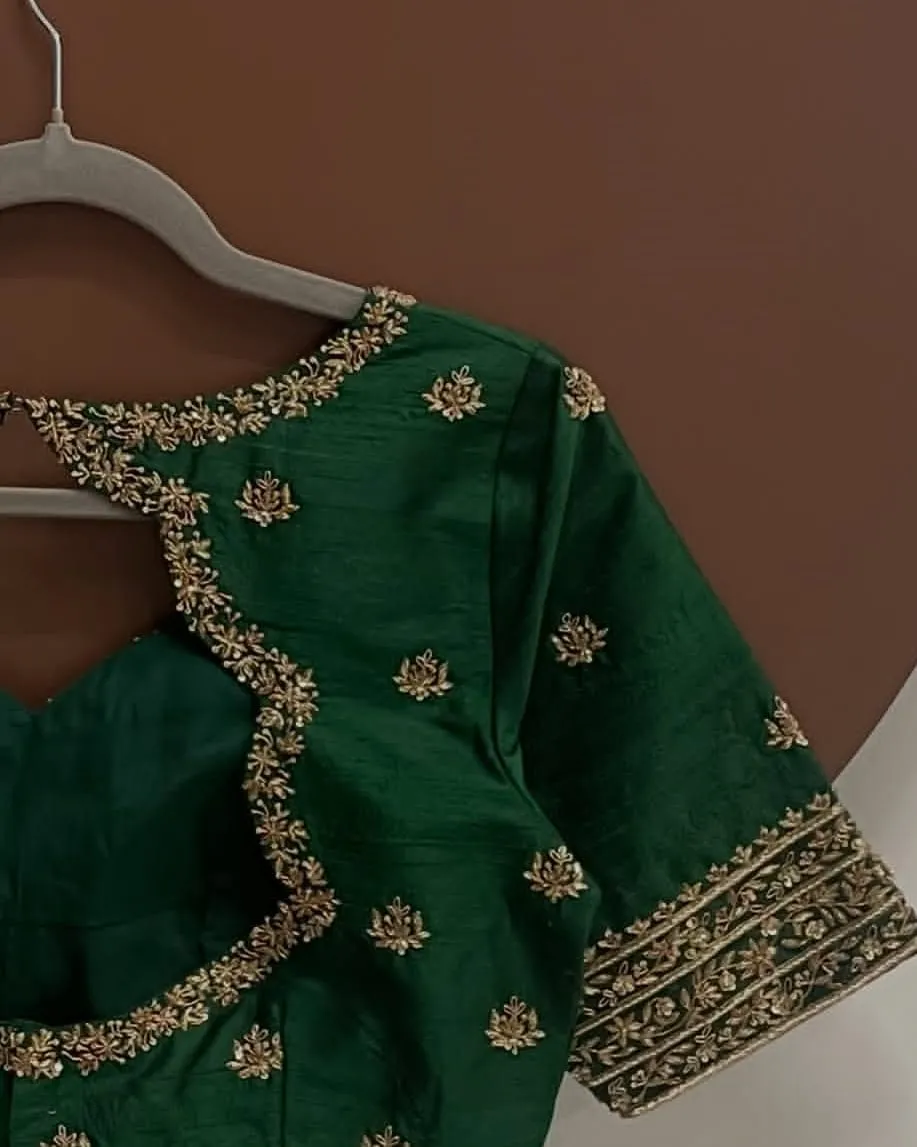 Emerald Bottle Green Raw Silk Saree Blouse | Diamond Keyhole Back with Zari Maggam Work & Scalloped Front Neck (Padded Bridal Choli)
