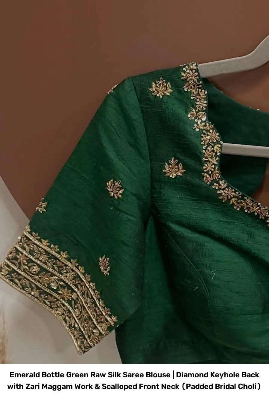 Emerald Bottle Green Raw Silk Saree Blouse | Diamond Keyhole Back with Zari Maggam Work & Scalloped Front Neck (Padded Bridal Choli) 3