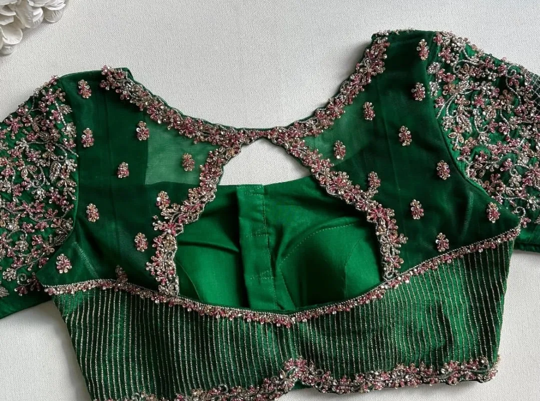 Emerald Green Bridal Silk Blouse Wholesale | Sheer Net Back Maggam Aari Work Heavy Hand Embroidered Saree Blouse