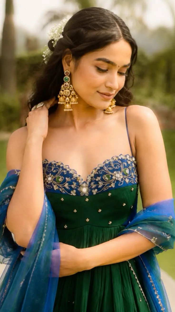 Emerald Green Embroidered Bustier Anarkali Gown with Dupatta | Designer Indo-Western Wedding Party Wear