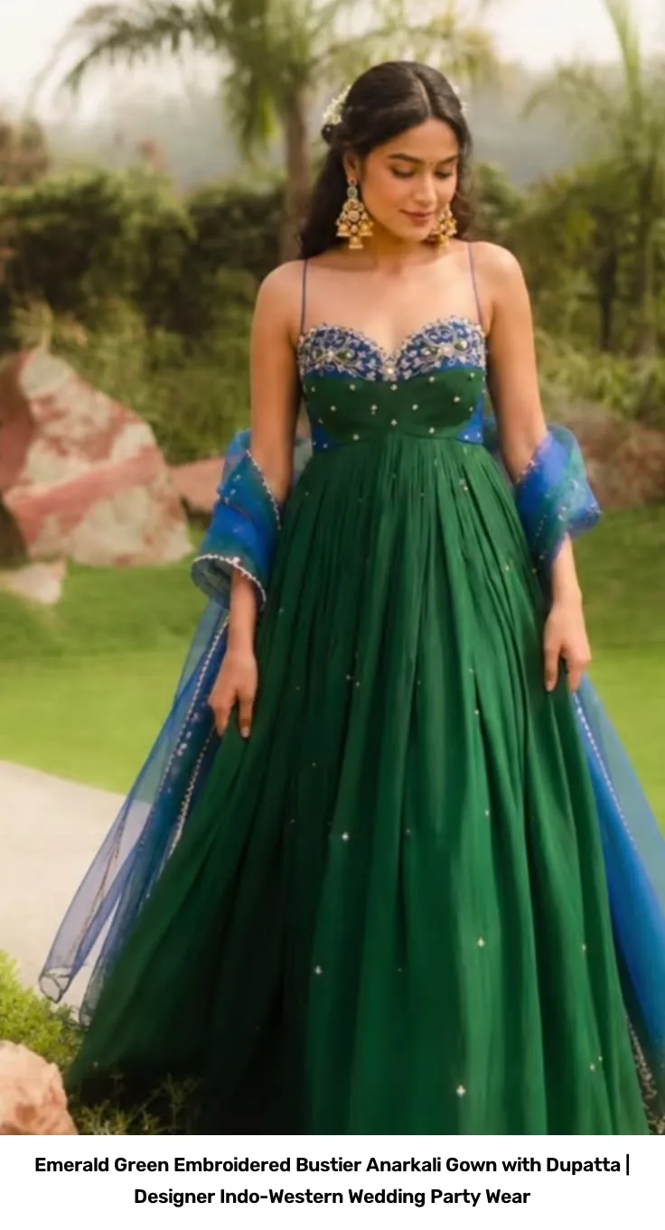 Emerald Green Embroidered Bustier Anarkali Gown with Dupatta | Designer Indo-Western Wedding Party Wear 2