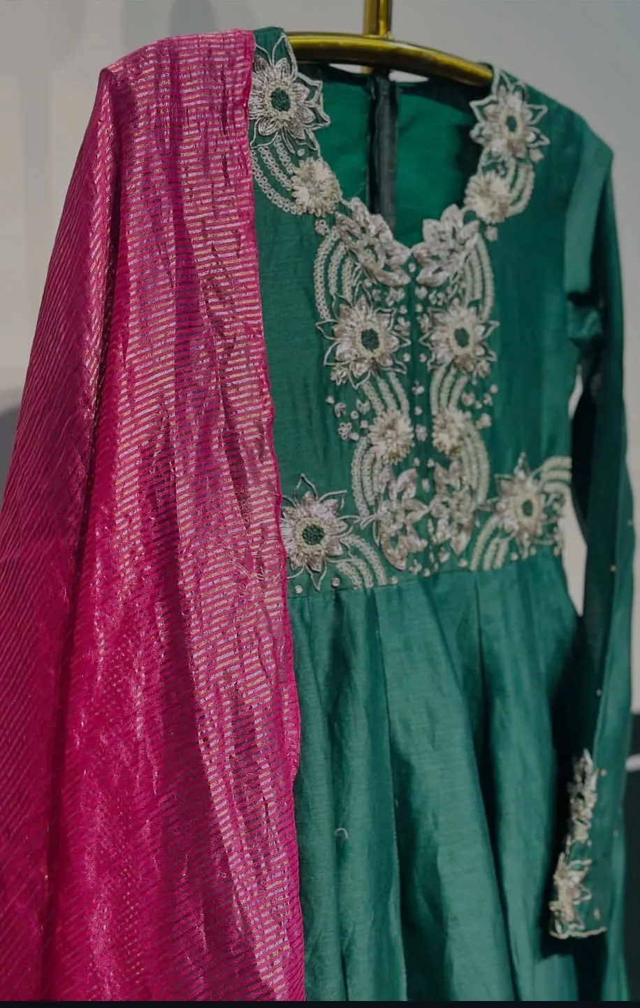 Emerald Green Hand-Embroidered Anarkali Suit with Rani Pink Dupatta