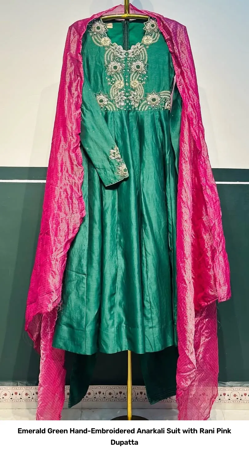 Emerald Green Hand-Embroidered Anarkali Suit with Rani Pink Dupatta 2