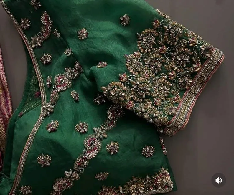 Emerald Green Raw Silk Blouse Heavy Maggam Work V Neck