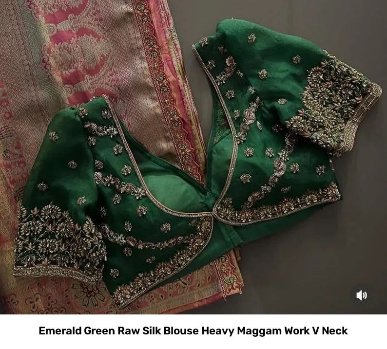 Emerald Green Raw Silk Blouse Heavy Maggam Work V Neck 2