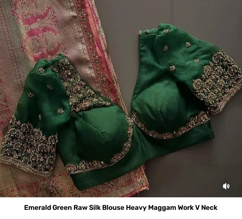 Emerald Green Raw Silk Blouse Heavy Maggam Work V Neck 3