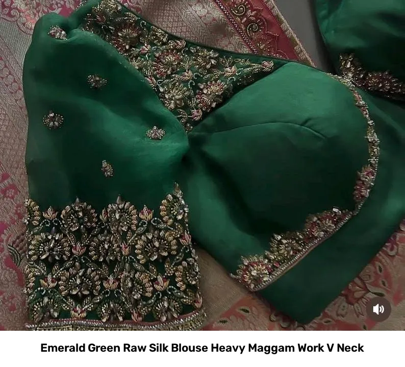 Emerald Green Raw Silk Blouse Heavy Maggam Work V Neck 4
