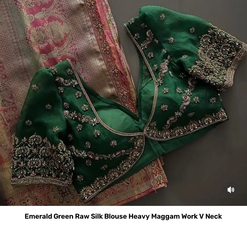Emerald Green Raw Silk Blouse Heavy Maggam Work V Neck 5