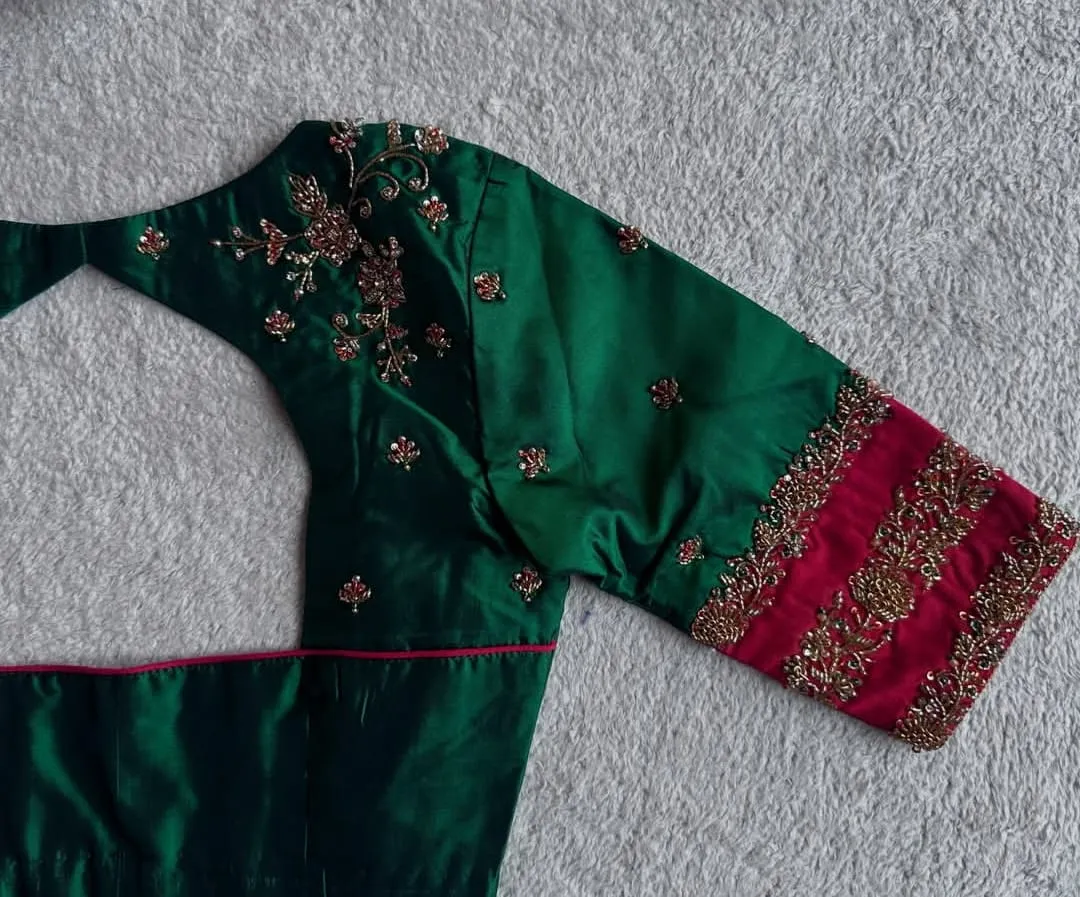 Emerald Green Raw Silk Saree Blouse | Diamond Cut-Out Back Neck with Maggam Floral Vine Work & Rani Pink Contrast Sleeves