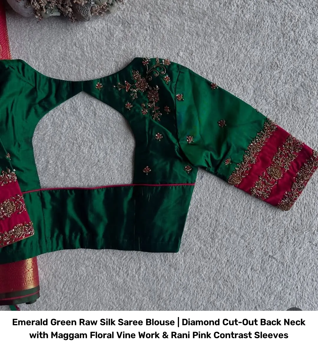 Emerald Green Raw Silk Saree Blouse | Diamond Cut-Out Back Neck with Maggam Floral Vine Work & Rani Pink Contrast Sleeves 3