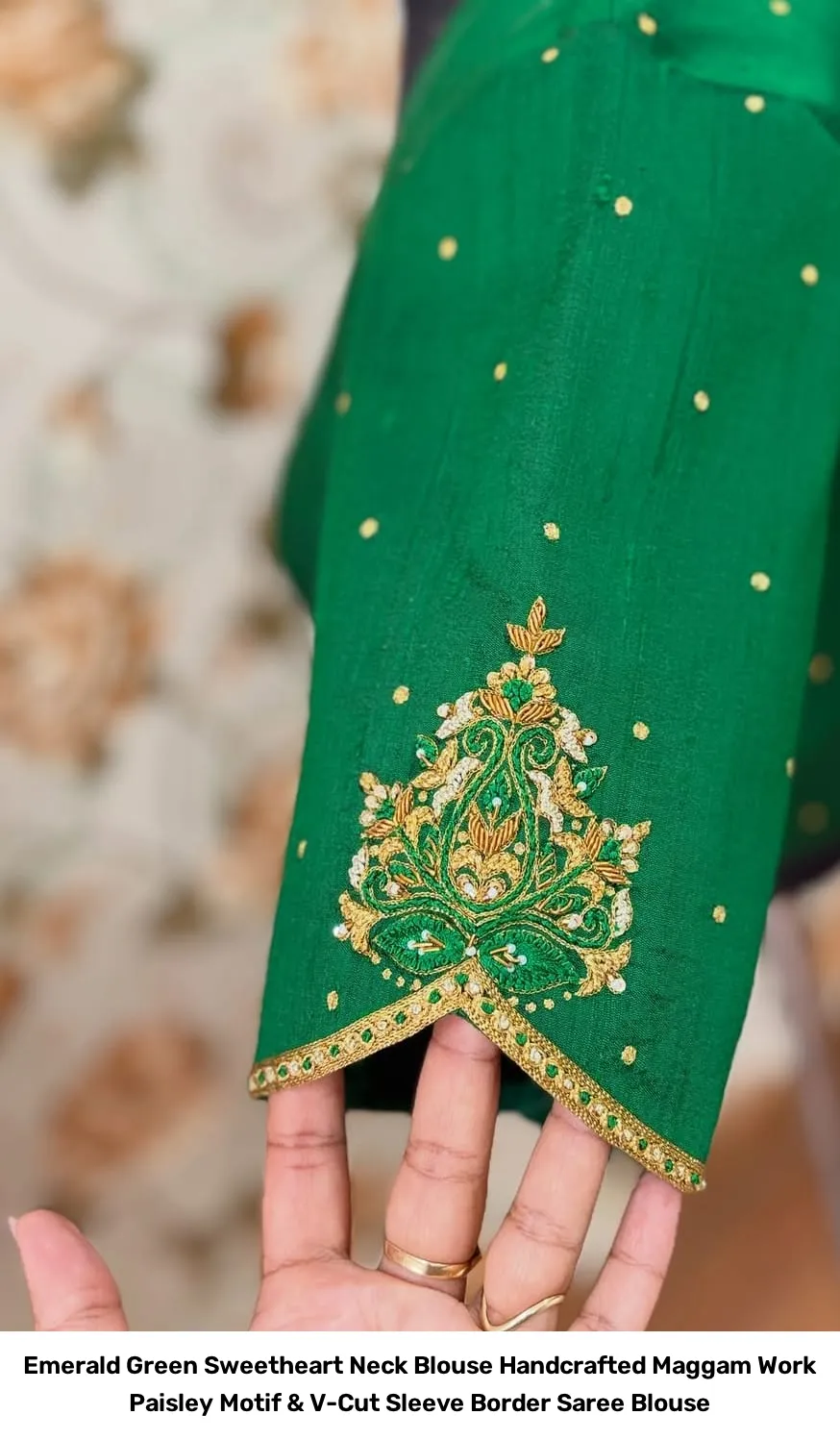 Emerald Green Sweetheart Neck Blouse – Handcrafted Maggam Work Paisley Motif & V-Cut Sleeve Border Saree Blouse 4