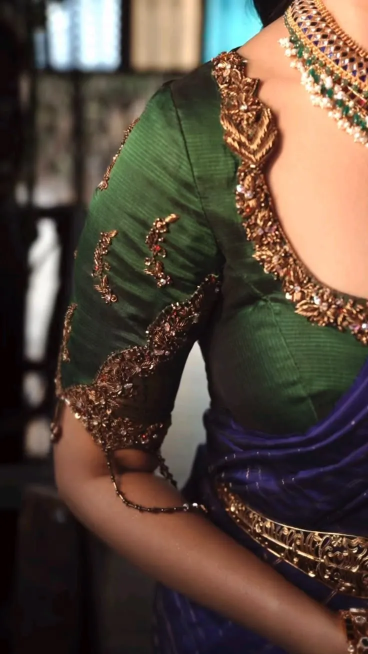 Emerald Green Zardozi Silk Blouse Handcrafted Maggam Work