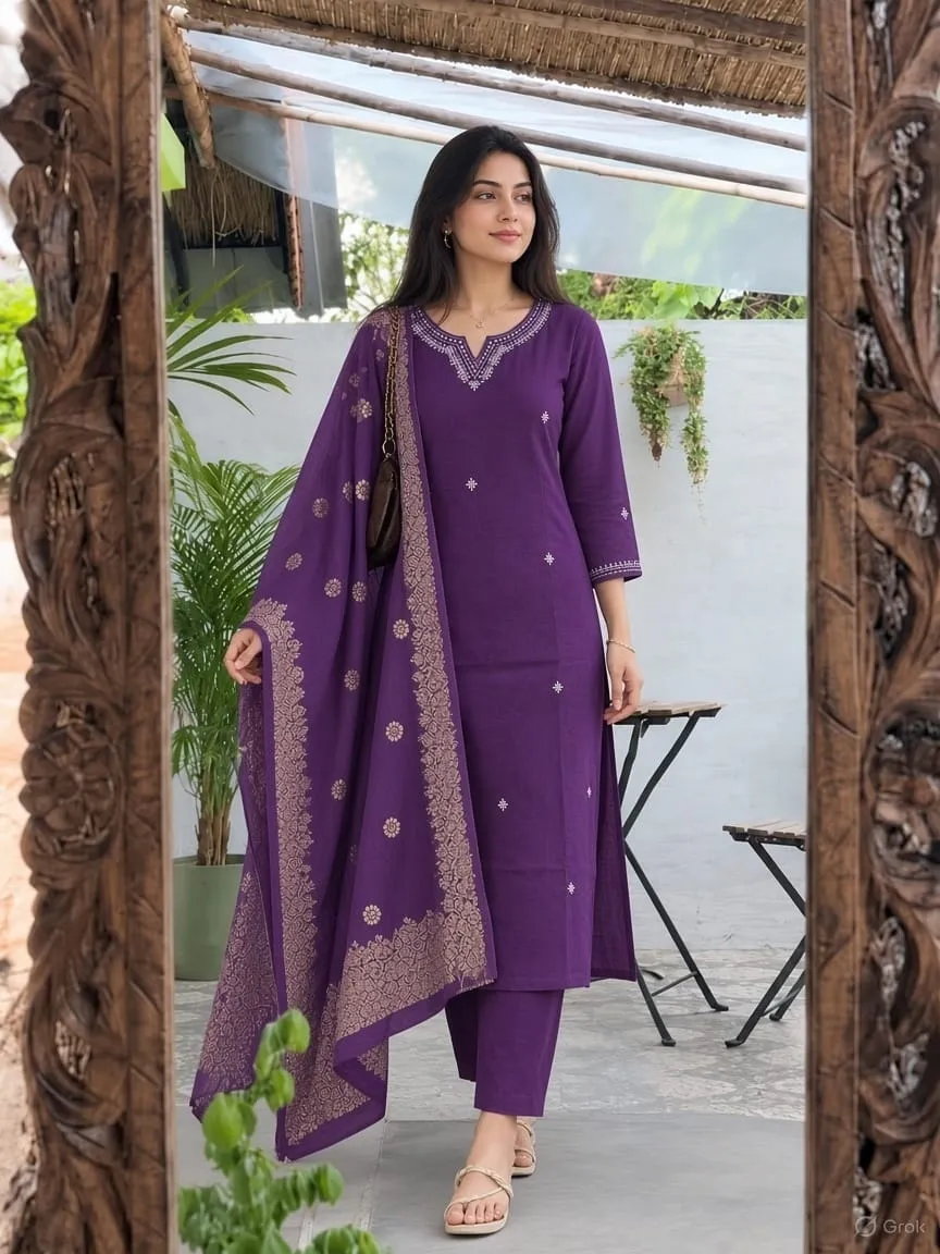 Ethnic Embroidered Kurta Trouser Set with Zari Woven Dupatta